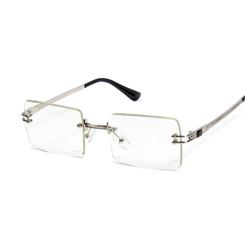 Rimless Rectangle Sunglasses Men Silver‎ Frame Clear Lens Fashion Eyewear Lentes
